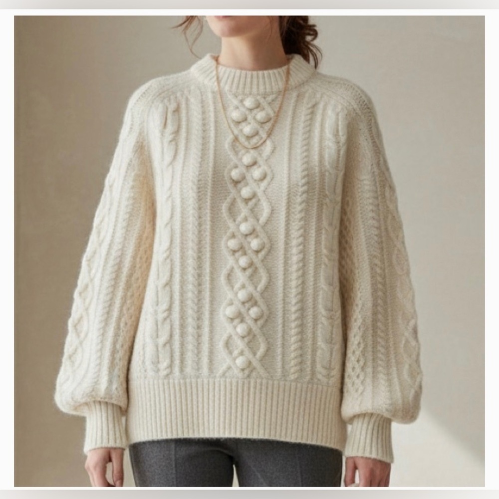 Demylee J.Crew balloon sleeve cable knit wool mohair mix sweater cult favorite S